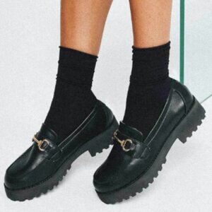 NWOT Princess Polly Saxon Loafters. Black with Gold Snaffle. Size 7.